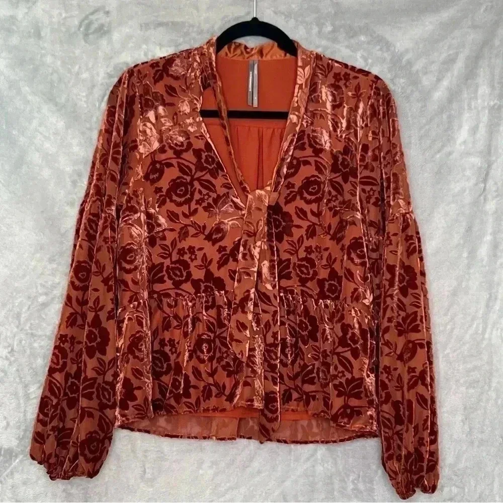 Anthropologie Burnout‎ Velvet Tie-Neck Oversized Blouse whimsiGoth Peplum Sz S